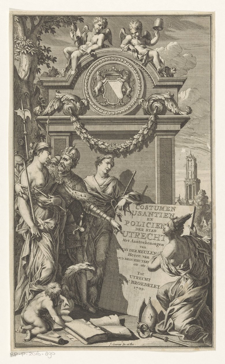 A justiça ensina as leis de Utrecht Costumen Usantien e policial da cidade de Utrecht (título no objeto) Página de título para Willem Van der Meulen, Costumen, usantien, policien ende style van literen, der Stadt Utrecht, 1709 de Jan Goeree