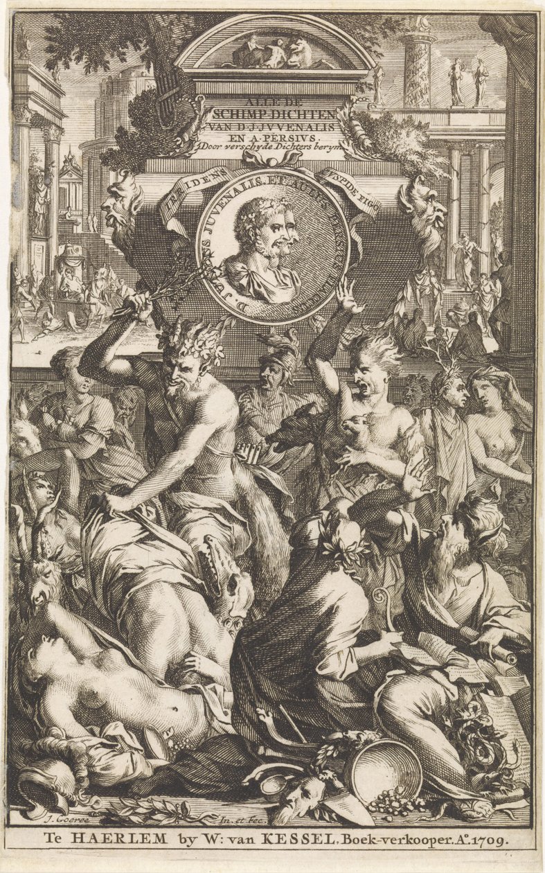Bacanal romano
Página de título de Decius Junius Juvenalis e Aulus Persius Flaccus, Alle de schimpdichten, 1709
Alle de schimpdichten D.J.Jvvenalis en A. Persivs door verschyde dichters berymt (título sobre o objecto) de Jan Goeree