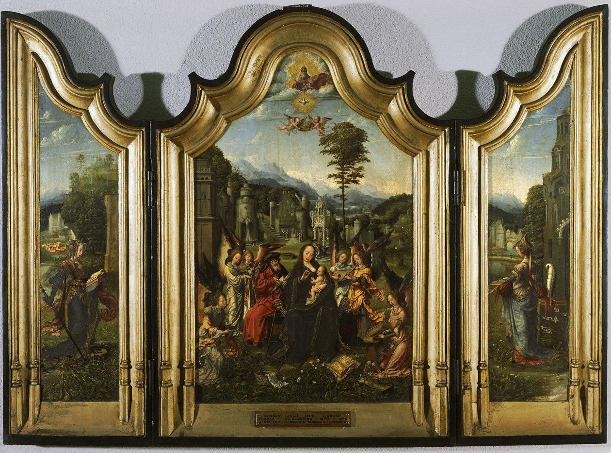 A Sagrada Família com Santa Catarina e Santa Bárbara Triptych, c. 1505 de Jan Gossaert