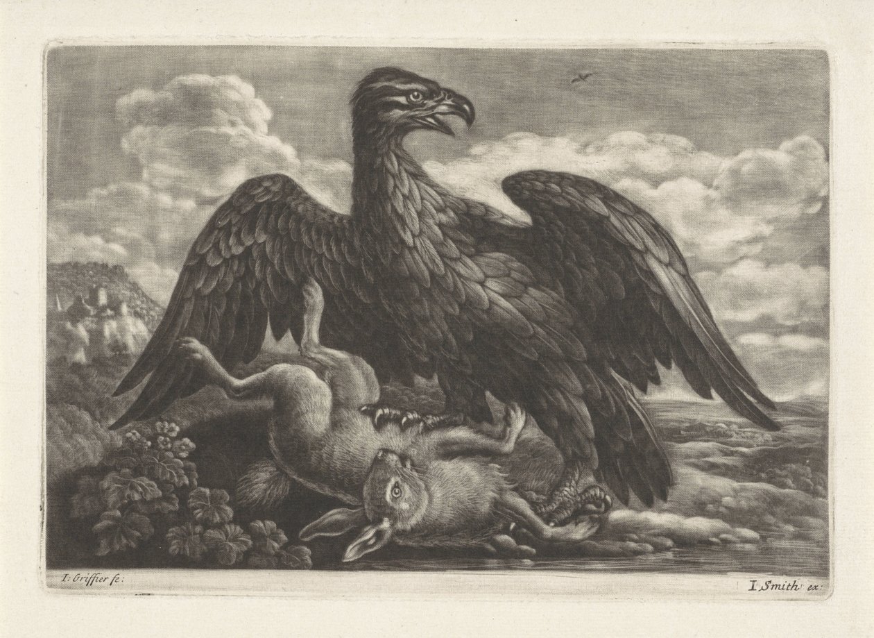Uma águia está em uma lebre de Jan Griffier (I) (attributed to workshop of)