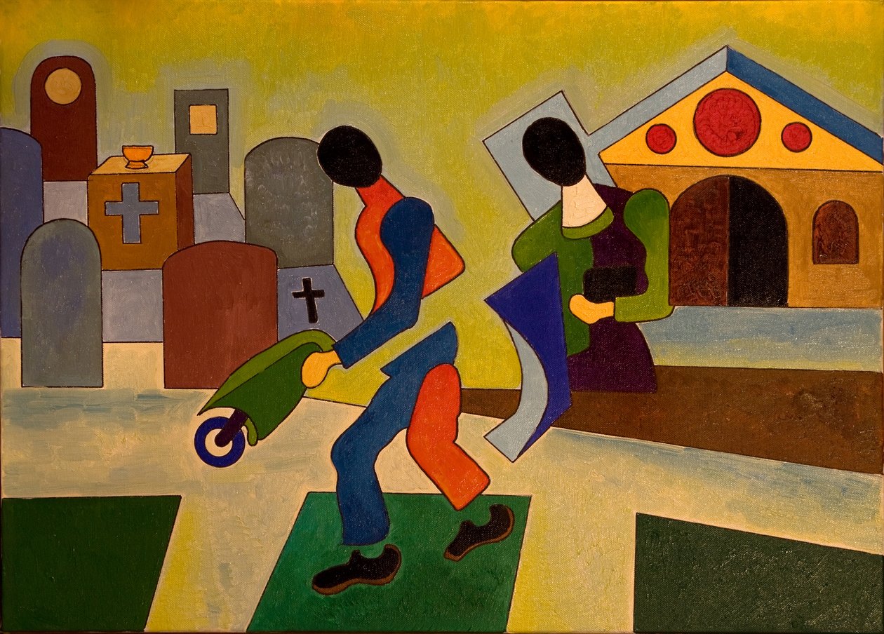 O Jardineiro do Cemitério recebeu uma nova ferramenta, 2007 (óleo sobre tela) de Jan Groneberg