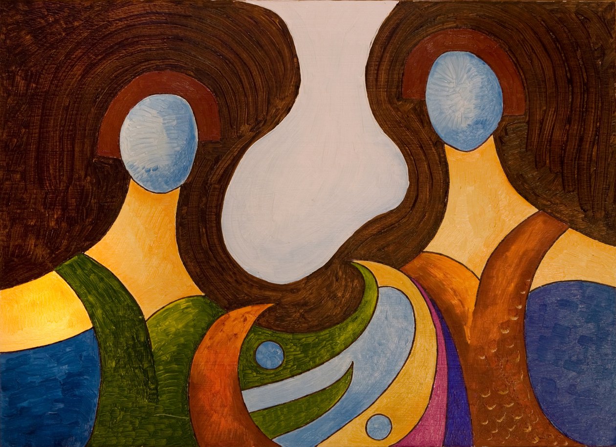 Duas Irmãs apresentando um achado muito estranho, 2007 (óleo sobre madeira) de Jan Groneberg