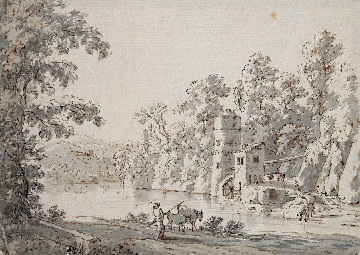 The Watermill by the Ford (caneta e tinta marrom e cinza no papel) de Jan Hackaert