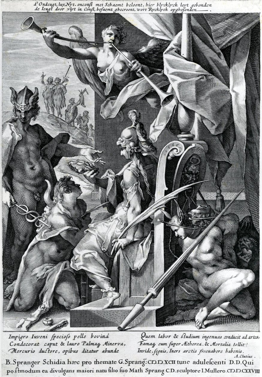 Mercúrio e Minerva armam um herói com couro de boi e coroa de louros, 1604 de Jan Harmensz Muller