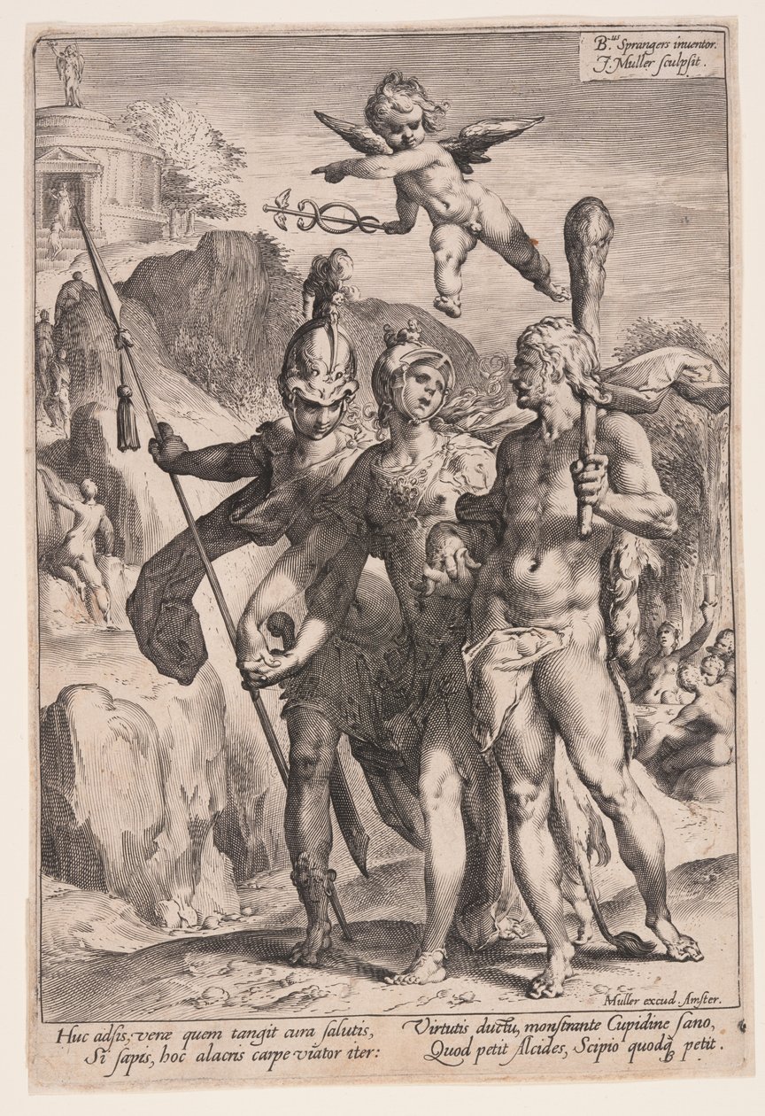 Minerva e Cupido conduzem Hércules e Cipião ao caminho da virtude de Jan Harmensz. Muller