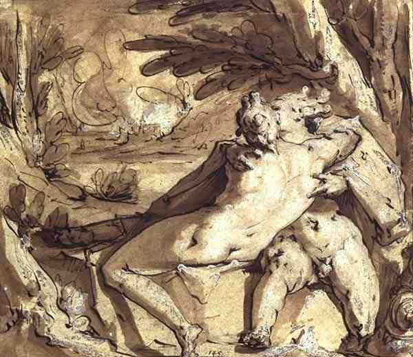 Casal nu sentado, abraçado por uma árvore (tinta e giz sobre papel) de Jan Harmensz Muller