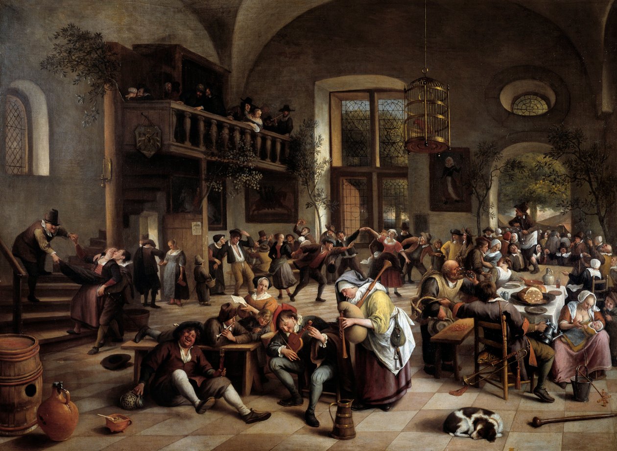 Festa numa estalagem Músicos, tocadores, homens e mulheres de pessoas que bebem - Pintura de Jan Havicksz (Havickszoon) Steen (1626-1679) de Jan Havicksz. Steen