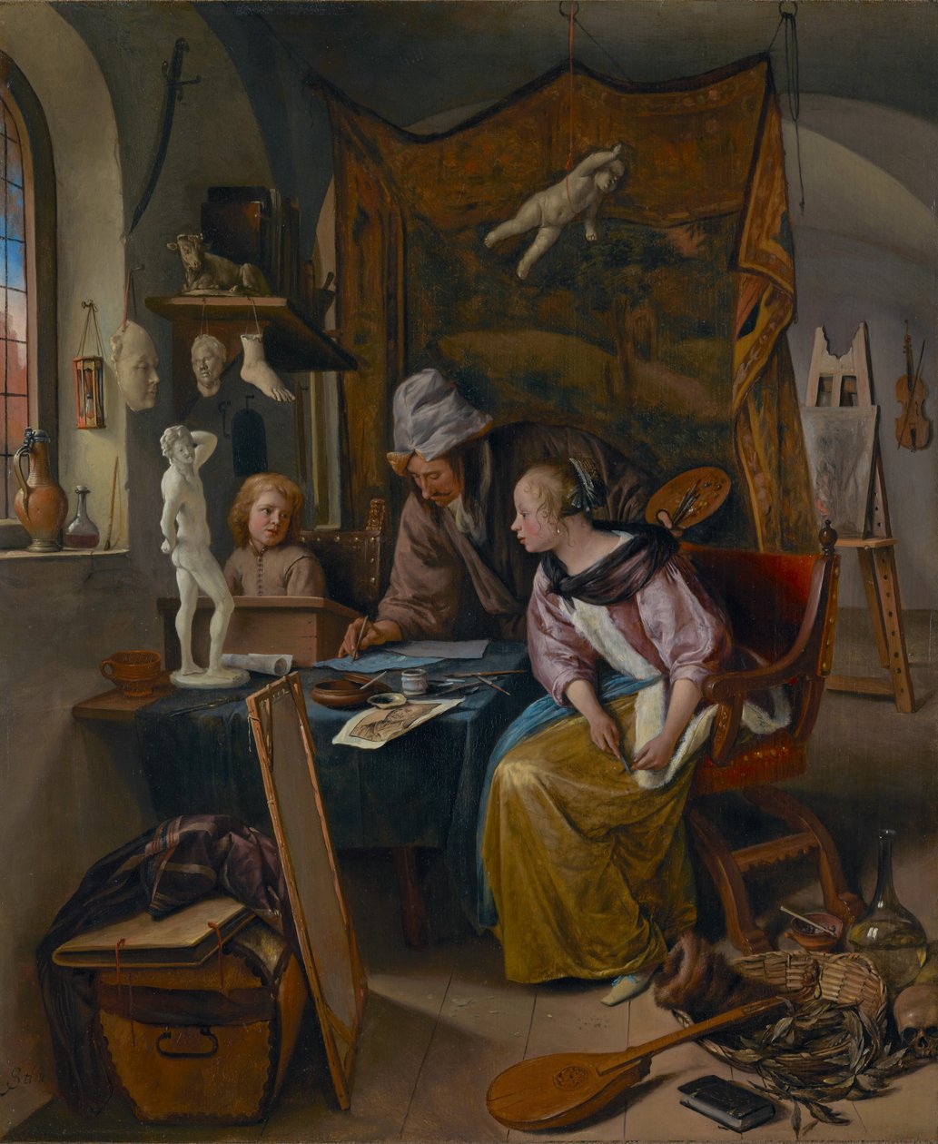 A Lição de Desenho, c.1665 (óleo sobre painel) de Jan Havicksz. Steen