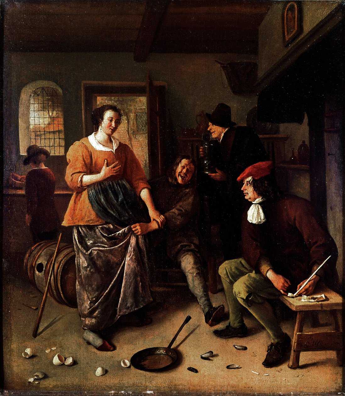 Os ovos quebrados (dentro de uma pousada). Grupo de personagens alegres da cozinha holandesa. O homem que levanta a saia da mulher é um auto-retrato do pintor. Pintura de Jan Havickszoon Steen (1625/6-1679) 1665-1670 Sol. 43x38 cm Londres, National Gallery de Jan Havicksz. Steen