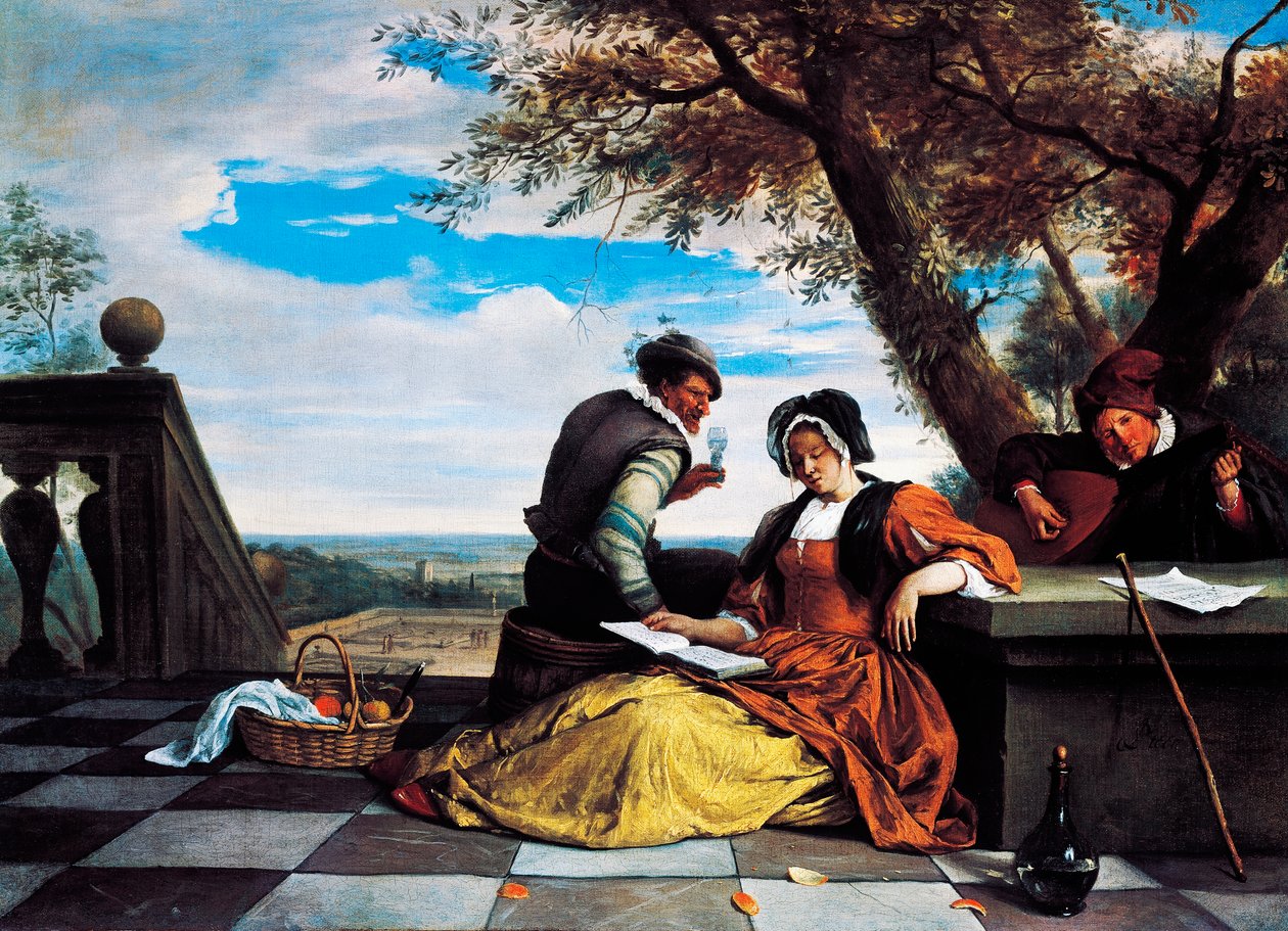 Dois homens e uma jovem fazendo música no terraço de Jan Havicksz. Steen