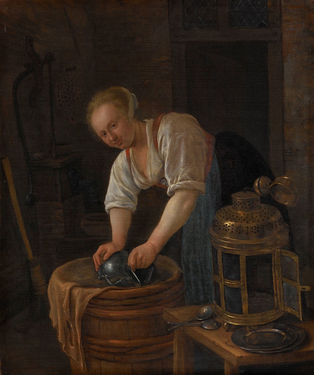 Mulher limpando objetos de metal de Jan Havicksz. Steen