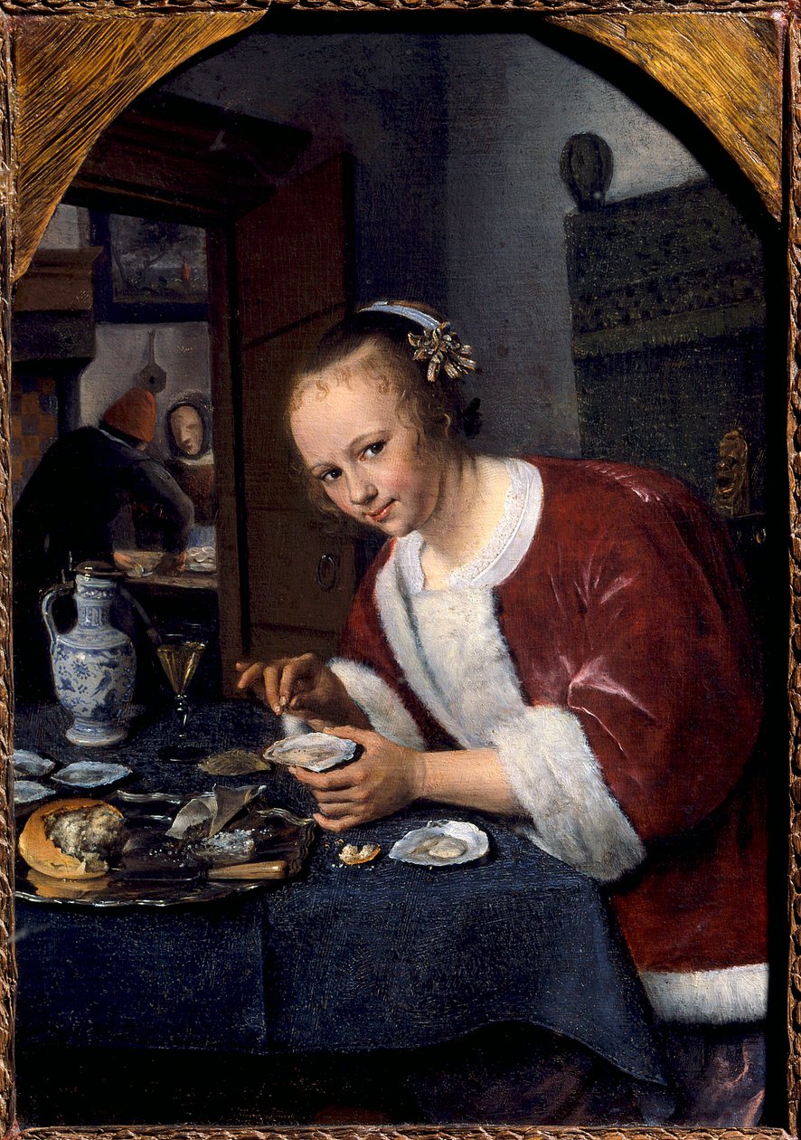 Menina comendo ostras Pintura por Jan Steen (1626-1679) Sun. 0,14x0,2 m The Hague. Mauritshuis de Jan Havicksz. Steen