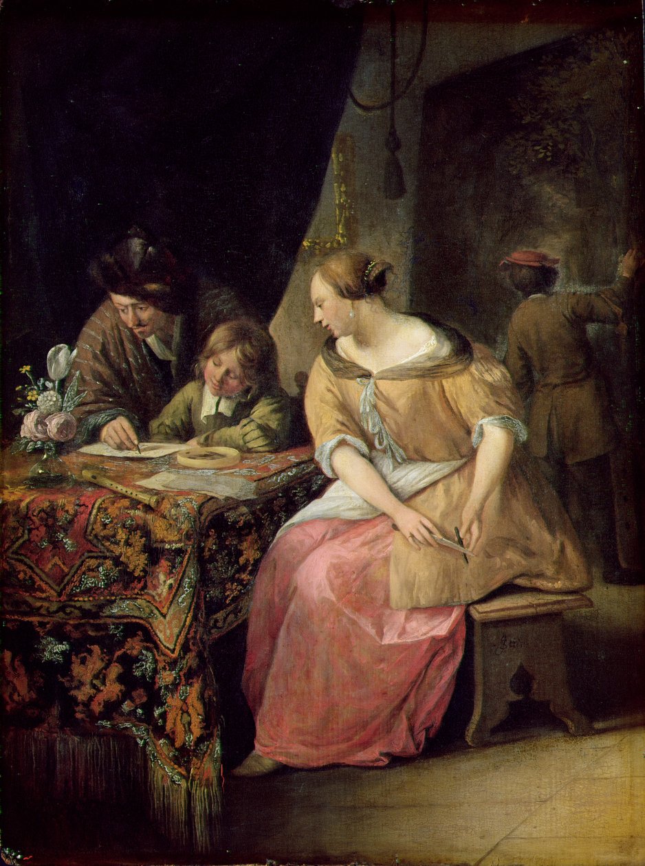 Interior com um pintor e sua família, c.1670 (painel) de Jan Havickszoon Steen
