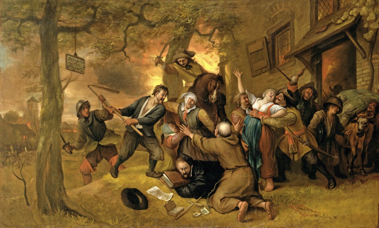 Camponeses e soldados fora de uma taberna - uma alegoria do estupro dos Países Baixos de Jan Havickszoon Steen