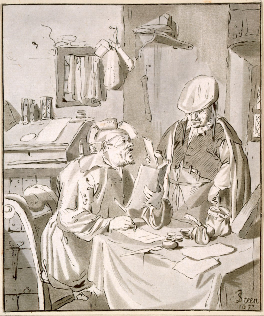 Dois homens discutindo dinheiro em um escritório, 1672, copiados por Cornelis Ploos van Amstel (1726-98) ou Christian Josi (c.1765-1828) de Jan Havickszoon Steen