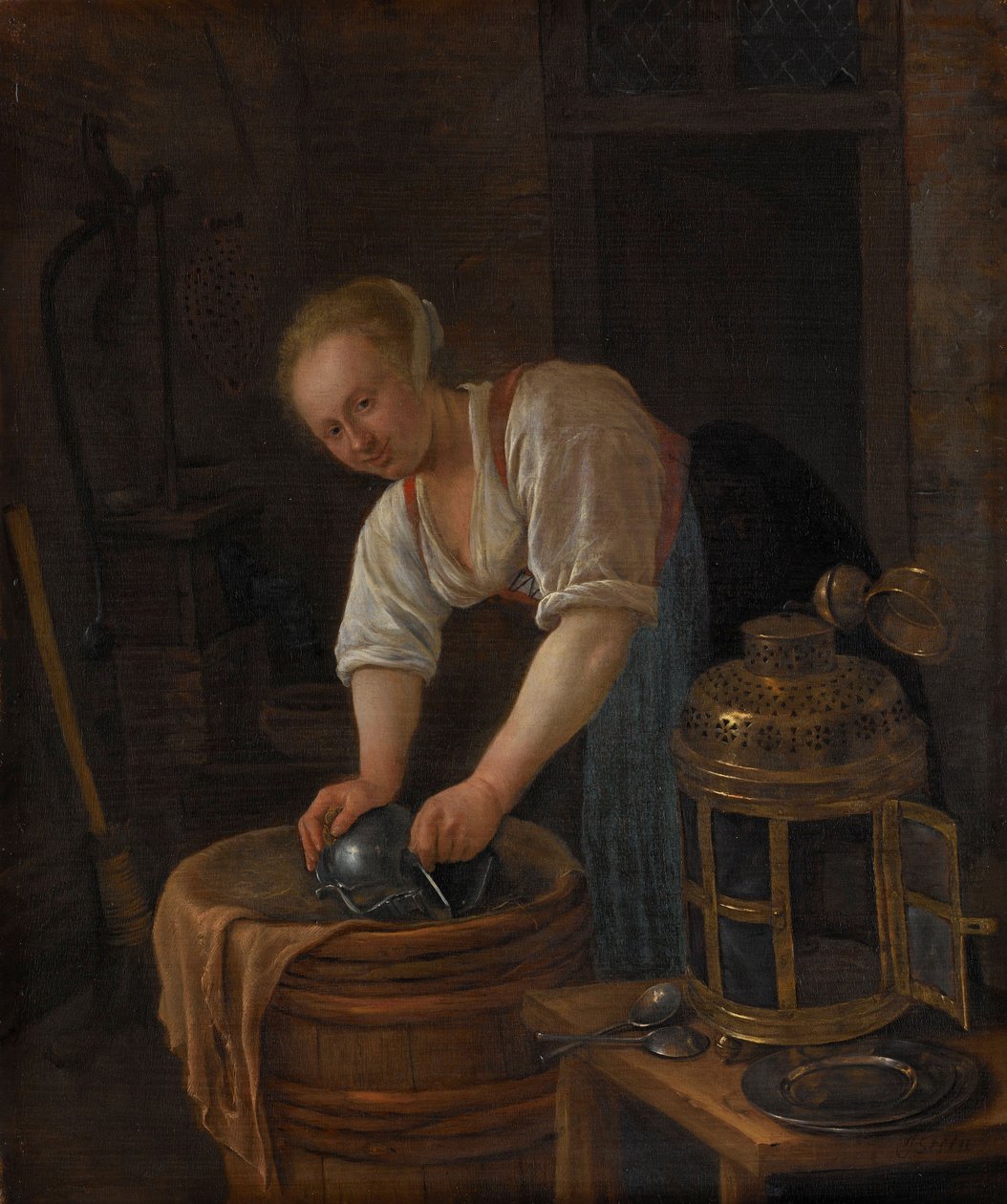 Mulher, vasculhando, metalware, 1650-60 de Jan Havickszoon Steen