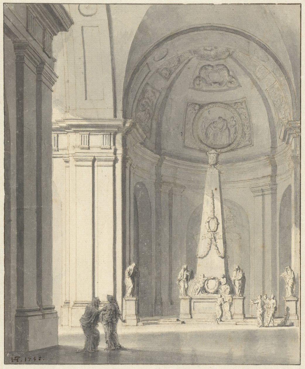 Grande salão abobadado com monumento funerário de Jan Hendrik Troost van Groenendoelen