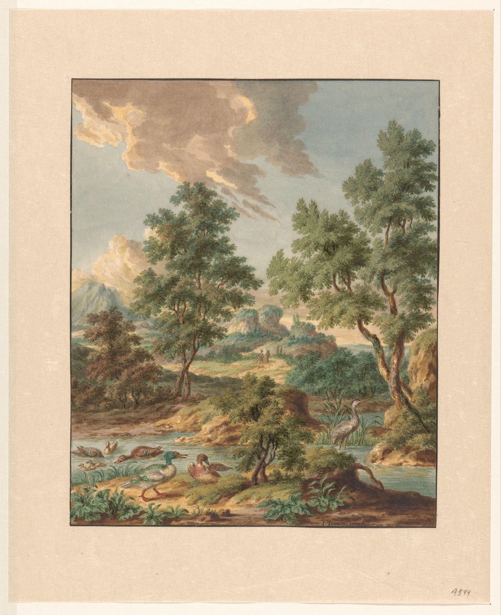 Paisagem com pássaros aquáticos em uma piscina de Jan Hendrik Troost van Groenendoelen
