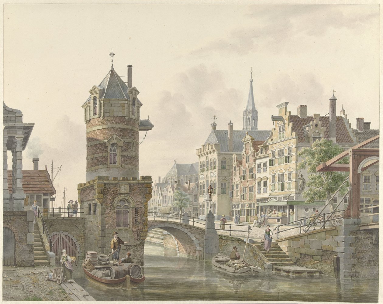 Canal em uma cidade com uma torre por uma ponte de pedra de Jan Hendrik Verheijen