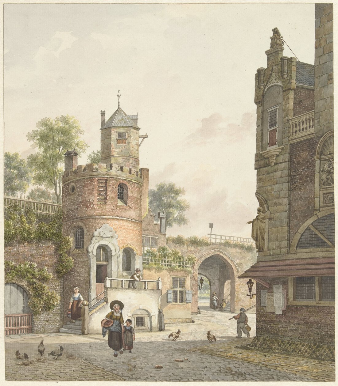 Muralha da cidade com torre e portão, vista de dentro de Jan Hendrik Verheijen