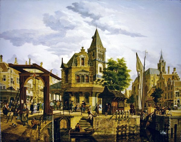 Uma cena de rua holandesa ao longo de um canal de Jan Hendrik Verheyen