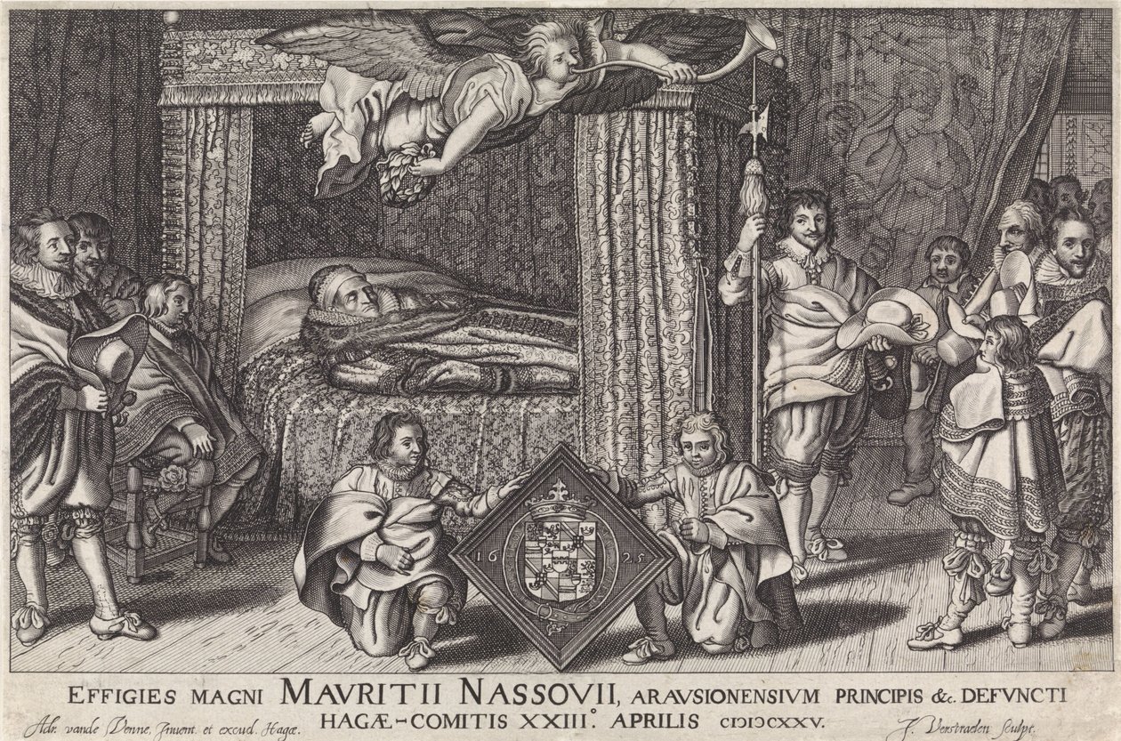 Paradebed van Prins Maurits, 1625
Effigies magni Mauritii Nassouii, arausionensium principis &c. defuncti Hagae-Comitis XXIII. Aprilis MDCXXV (título sobre o objecto) de Jan Hendriksz. Verstraelen