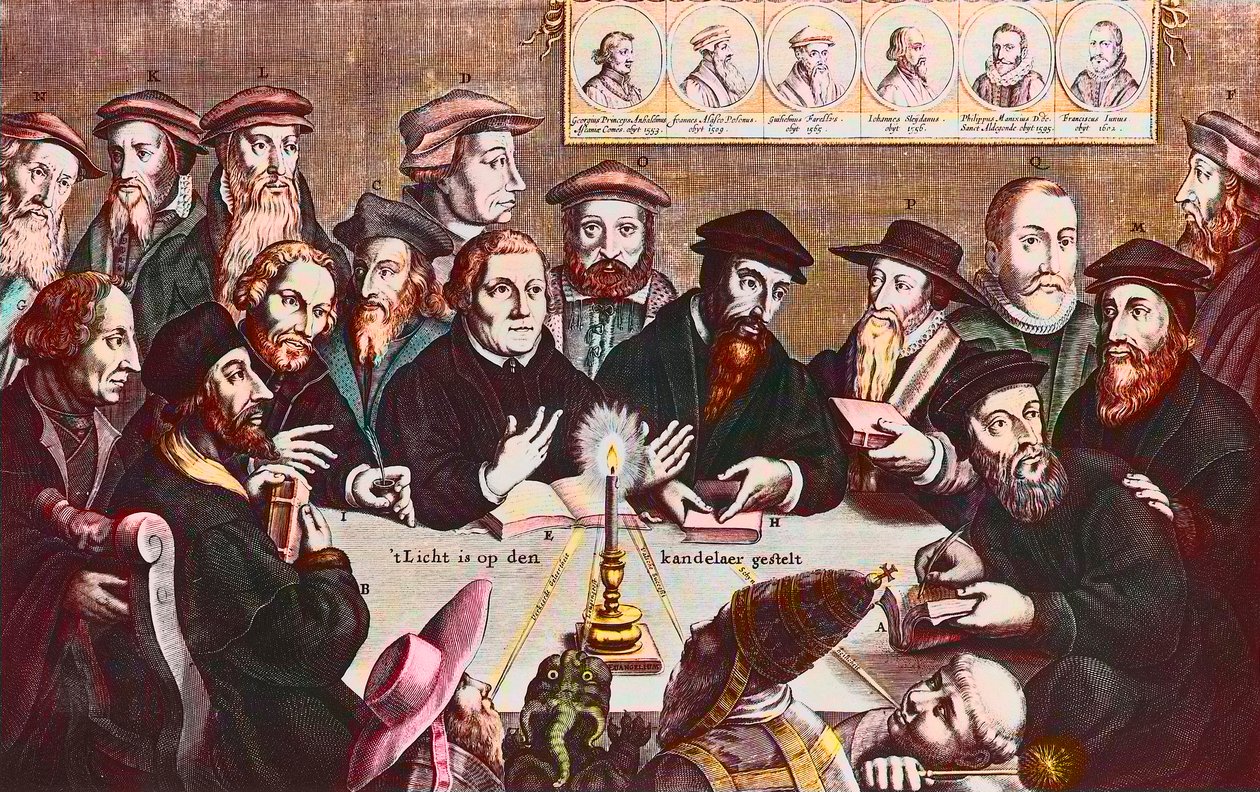 A luz é colocada no castiçal - Gravura de Jan HOUWENS mostrando Os reformadores - João Calvino e Martinho Lutero Reunião Imaginária de Líderes Reformistas: John Wyclif (ou Wycliff ou Wycliffe de Jan Houwens