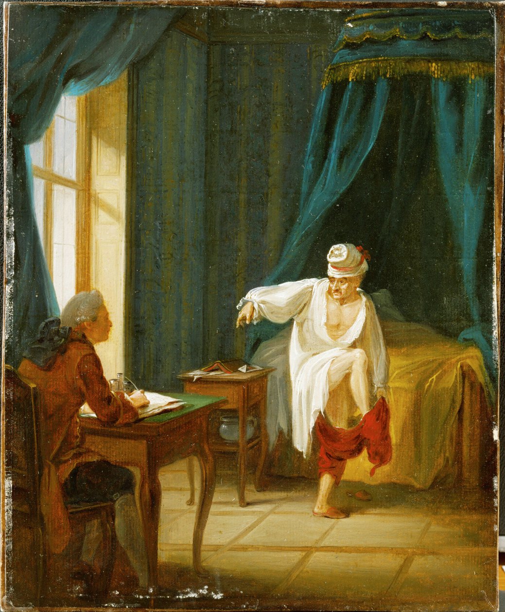 Voltaire em camisa de noite, vestindo as calças enquanto dita ao seu secretário, na sua casa em Fernet, França ... (óleo sobre papel colado sobre cartão) de Jan Huber