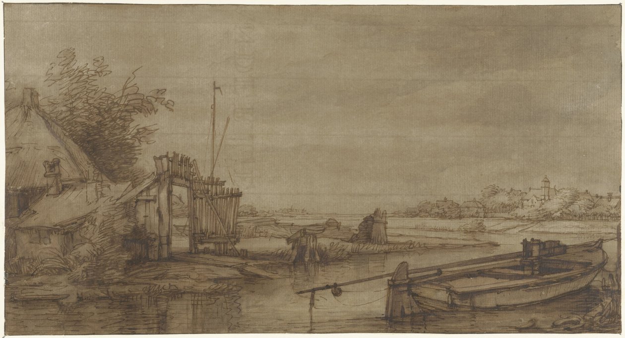 Vista do canal com casa de campo e barcaça atracada de Jan Hulswit (possibly)