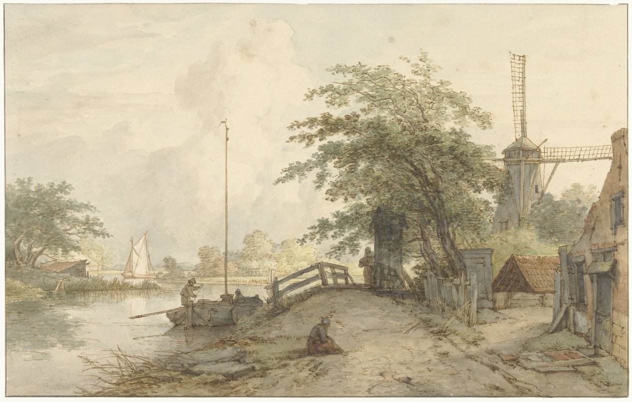 Ajardine com uma ponte e uma casa em uma estrada ao longo de uma água de Jan Hulswit