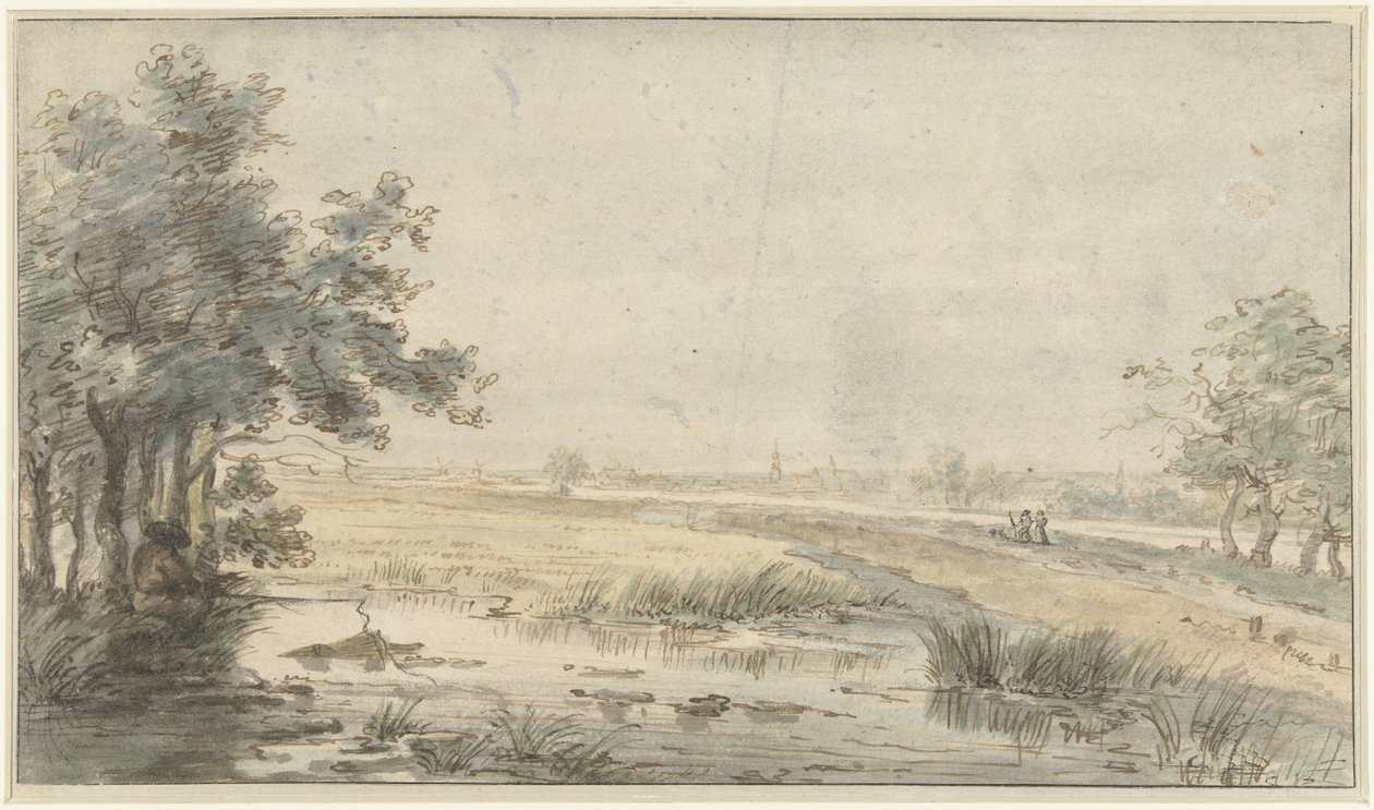 Paisagem com um pescador à beira da água de Jan Hulswit