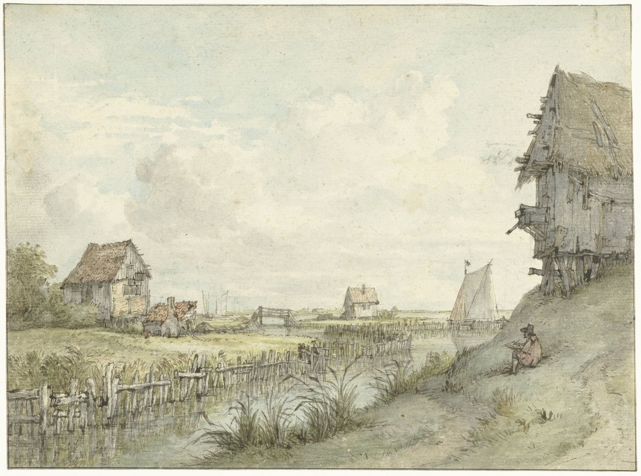 Paisagem fluvial com desenhador entre cabanas de Jan Hulswit