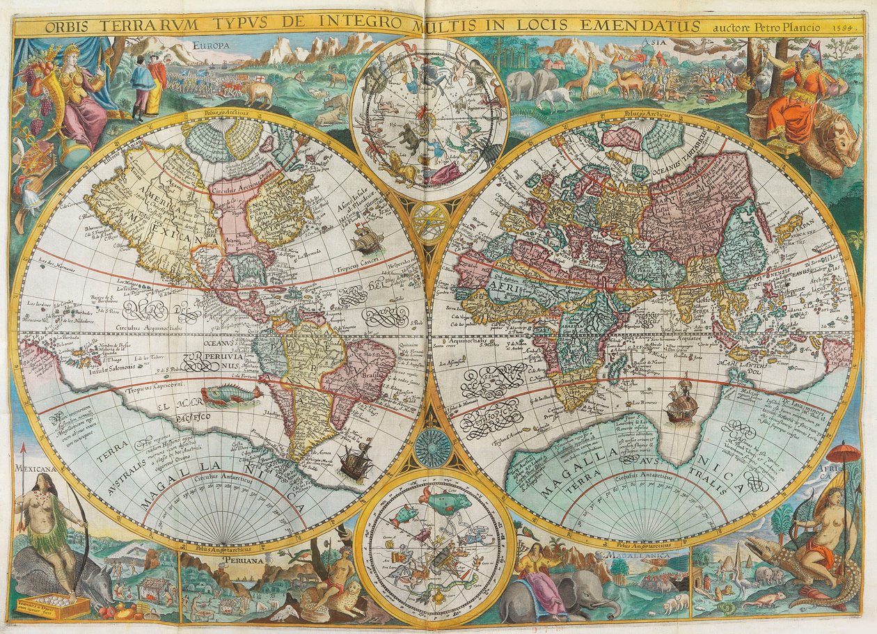 Itinerário. Mapa-múndi com trajes, nativos, navios, plantas e animais, 1644. de Jan Huygen van Linschoten
