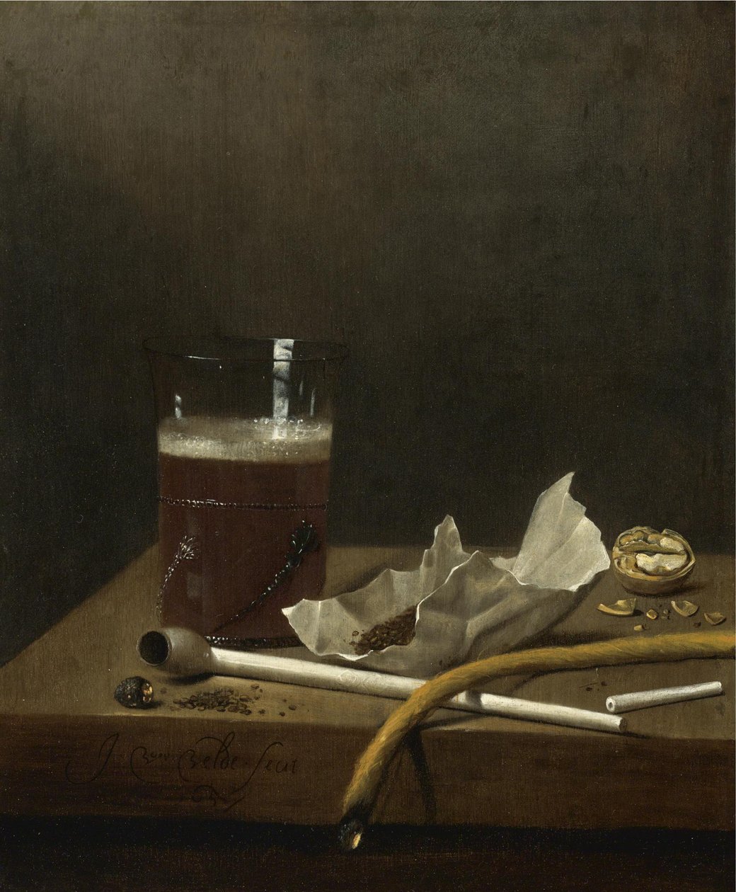 Natureza morta com um copo de cerveja, um cachimbo, tabaco e outros requisitos para fumar, 1658 de Jan III van de Velde