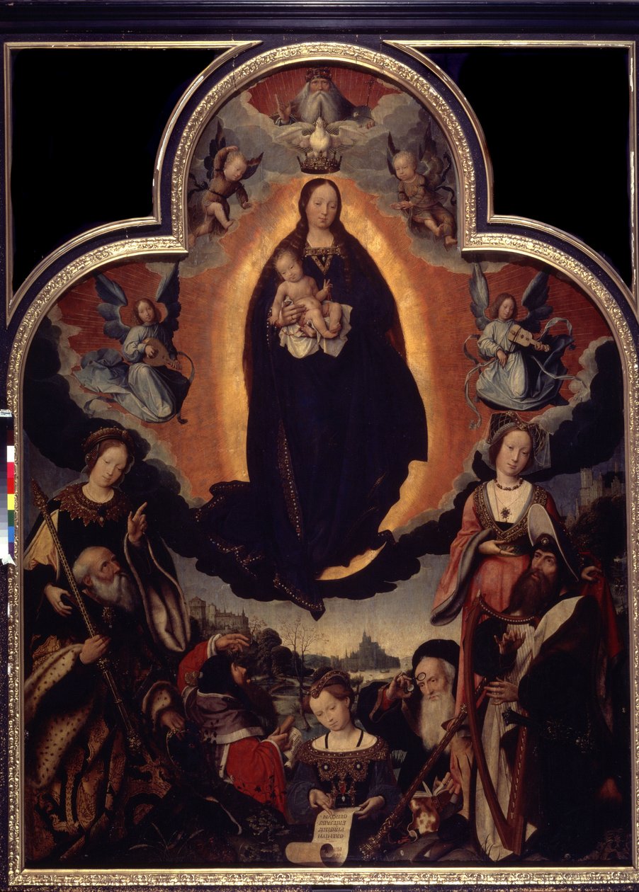 ""La Vierge en Gloire"" (A Glorificação da Virgem) Entre os personagens que cercam a Virgem e Jesus Cristo: Rei Davi tocando harpa, o imperador romano Augusto (Caius Julius Caesar Octavianus Augustus) (63 aC- 14 dC), profetas de Jan II Provost