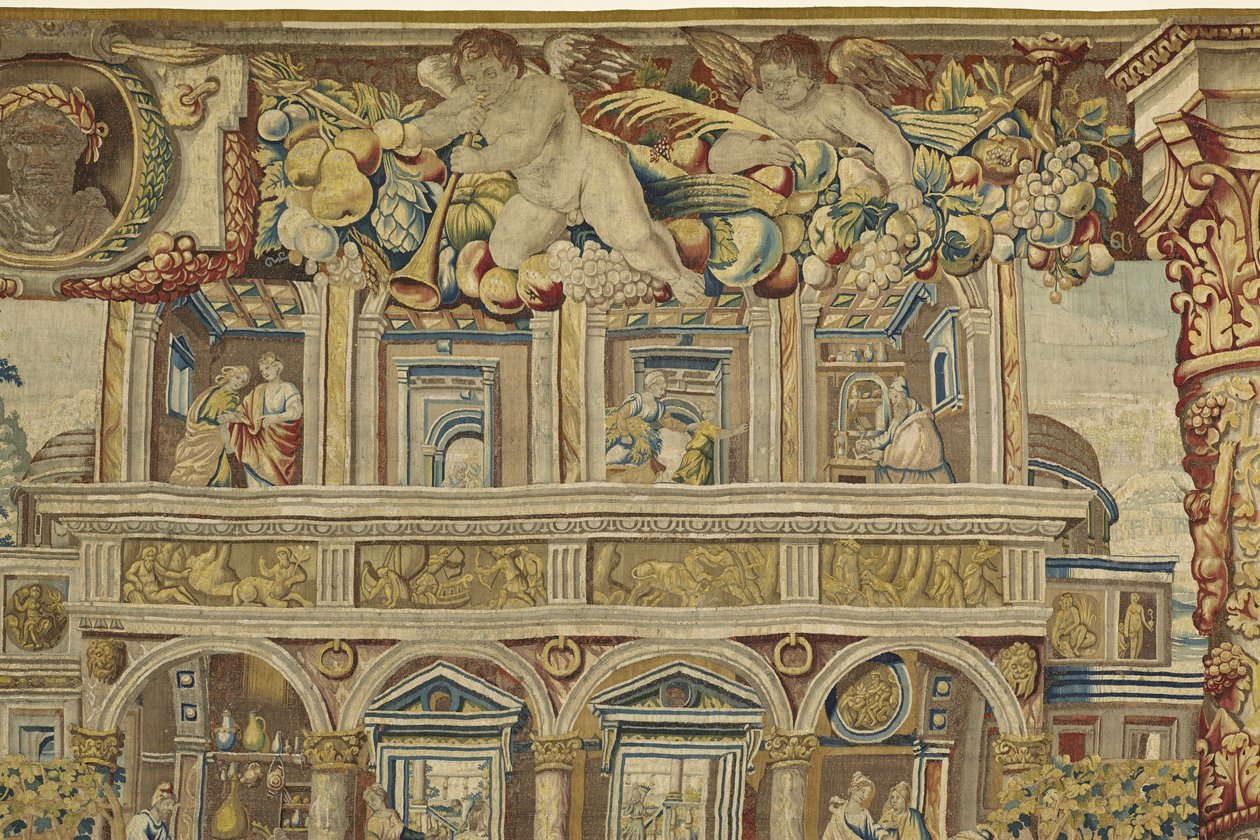 Detalhe do palácio e anjo músico de Vertumnus e Pomona, c.1630 de Jan II Raes