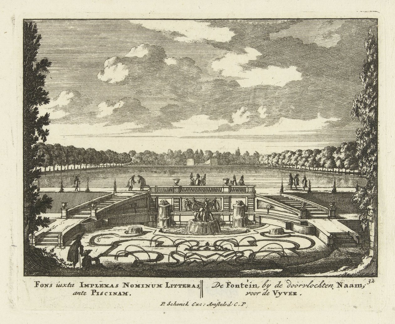 Fonte no grande lago nos jardins de Paleis Het Loo, 1695-1705 de Jan I van Call