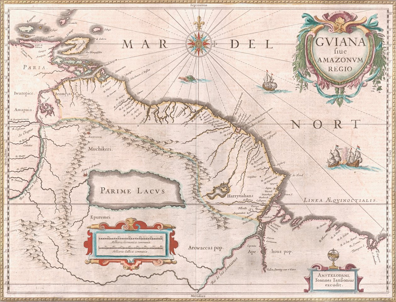 Um mapa criado por volta de 1649 descrevendo a região da Guiana. Território reclamado por Espanha a vermelho a oeste, Guiana holandesa destacada em amarelo e território português a vermelho a sudeste. O mítico lago Parime é também visível de Jan Janssonius
