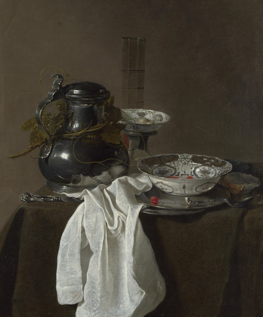 Natureza morta com um jarro de estanho e duas tigelas Ming, 1651 de Jan Jansz. Treck