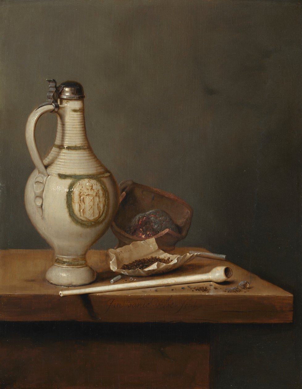 Natureza-morta com jarro de grés e cachimbo, meados da década de 1650 (óleo sobre painel) de Jan Jansz. van de Velde