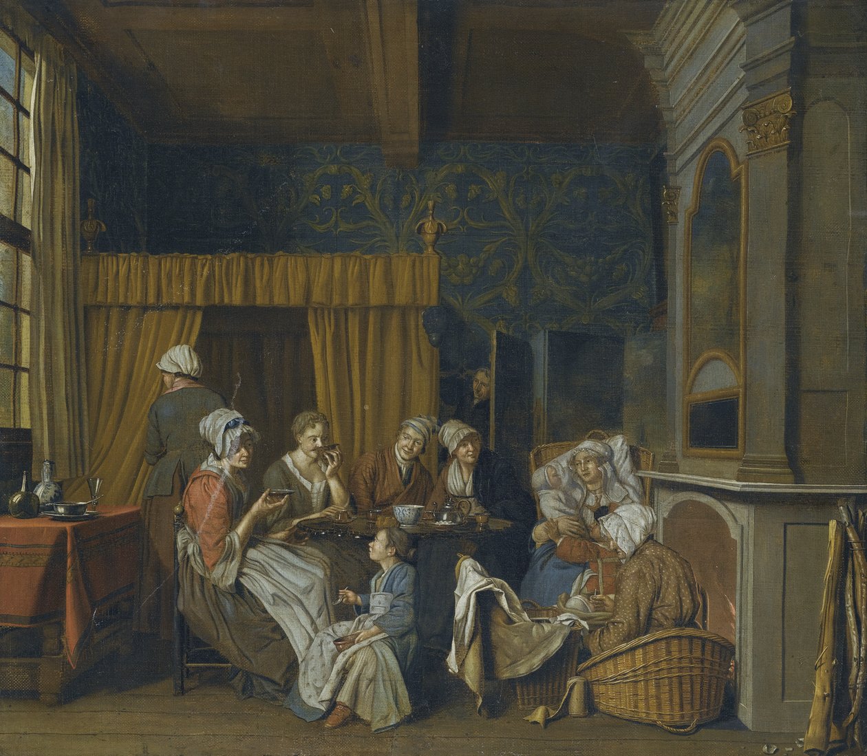 Uma família tomando chá enquanto comemora o nascimento de gêmeos de Jan Josef Horemans the Younger