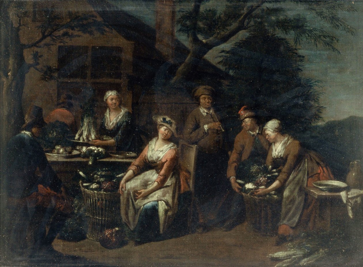 Um grupo de camponeses, legumes e frutas de Jan Josef the Elder Horemans
