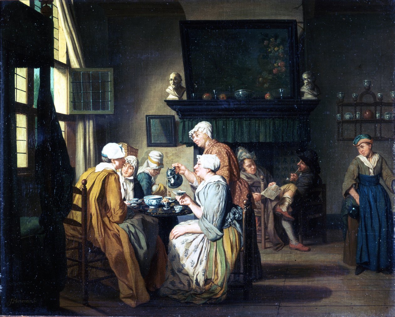 Interior burguês com damas bebendo chá, um homem lendo junto à lareira de Jan Josef the Elder Horemans
