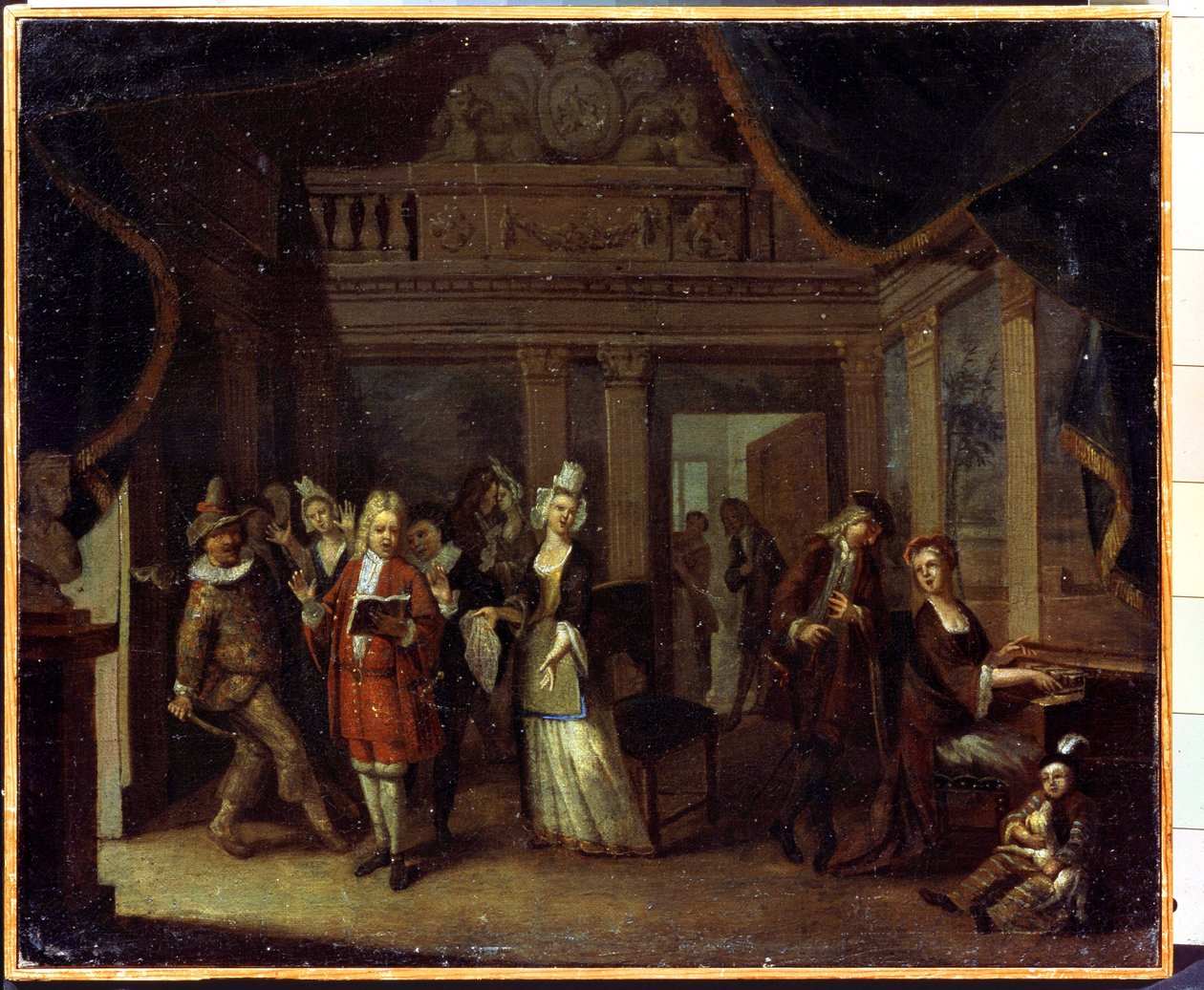 Concerto privado. Um concerto em casa. Pintura de Jan Josef Horemans the Old (1682-1759). Arte flamenga, estilo rococó. Óleo sobre tela. Museu Estatal de História e Arte, Serpukhov, Rússia. de Jan Josef the Elder Horemans