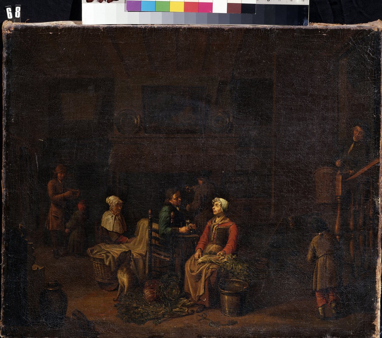 ""A cozinha"" (A cozinha) Servos preparando a refeição para seus senhores, uma mulher cortando legumes, outra atrás perto de uma tina de lavanderia, enquanto um homem fala enquanto bebe. Pintura de Jan Joseph Horemans, o Velho (1682-1759) século 18 Mik de Jan Josef the Elder Horemans