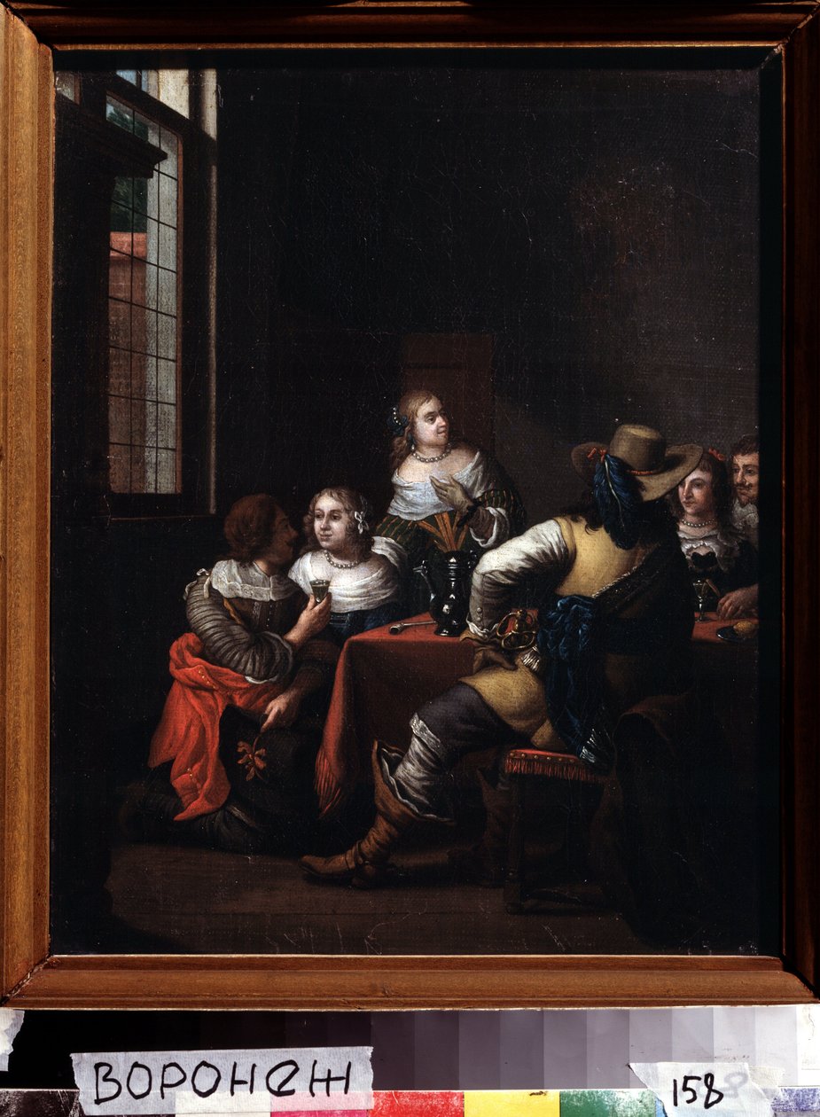""Les festivites"" (O merrymeeting) grupo de cavaleiros e senhoras se reuniram alegremente ao redor de uma mesa. Pintura de Jan Joseph Horemans, o Velho (1682-1759) Museu de Belas Artes Ivan Kramskoy (ou Kramskoi) do século XVIII em Voronezh (Voronezh), Rú de Jan Josef the Elder Horemans