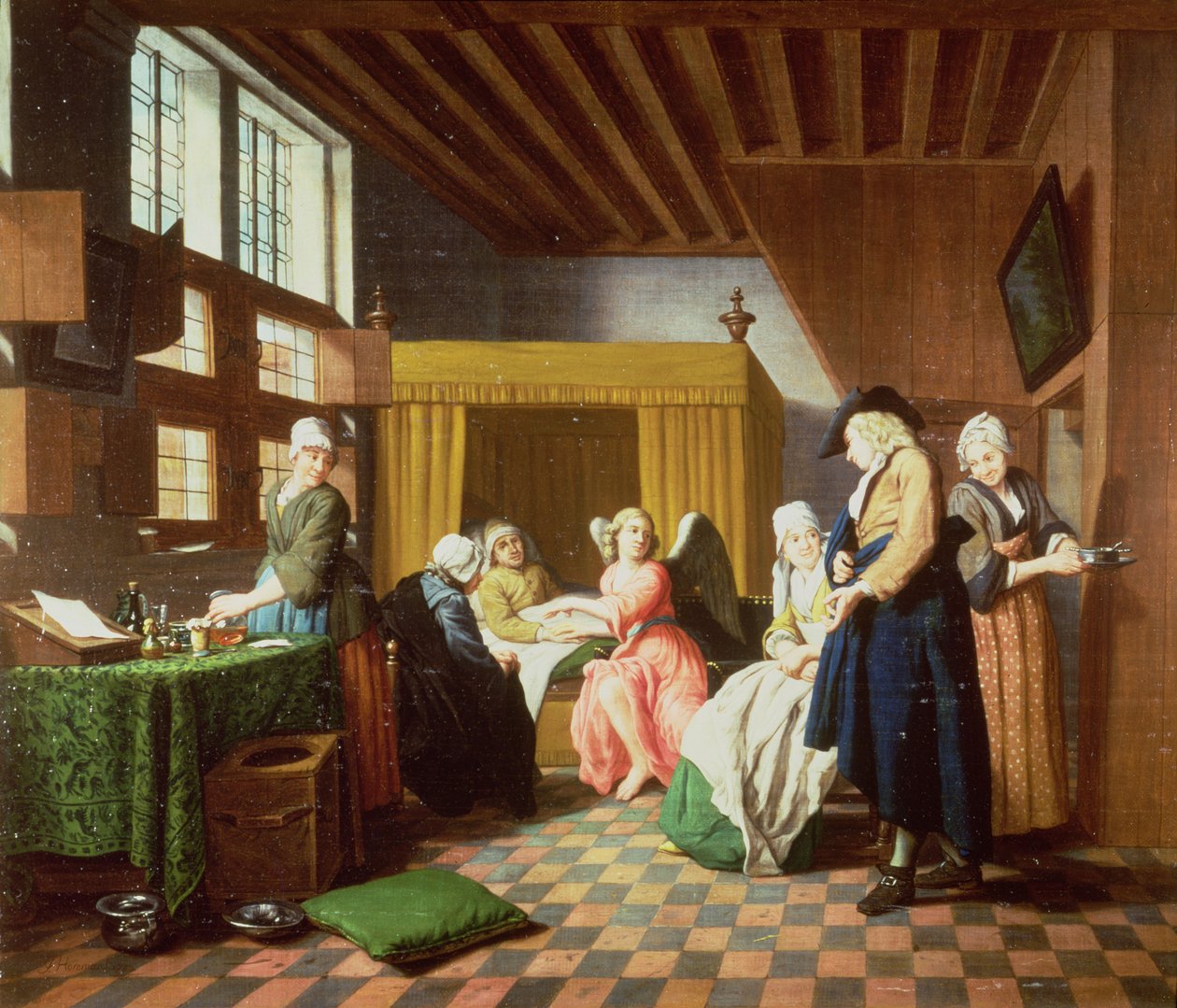 As visitas do médico - Um provérbio holandês: O médico é retratado como um anjo Administrando ajuda para o homem doente (um de um conjunto de quatro) de Jan Josef the Elder Horemans
