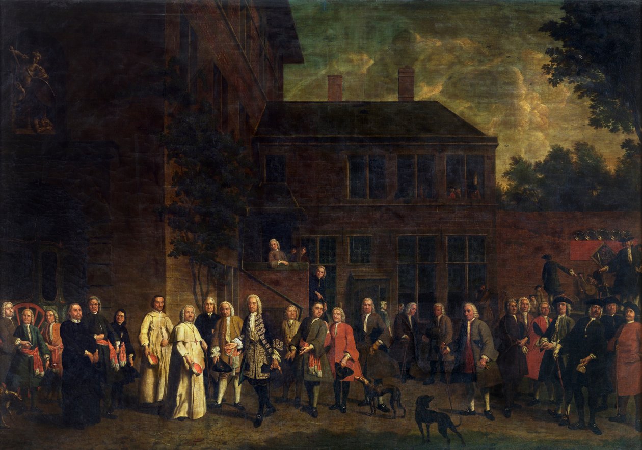 Os membros do grémio de esgrima dão as boas-vindas ao Abade de Sint-Michiels de Jan Josef the Younger Horemans