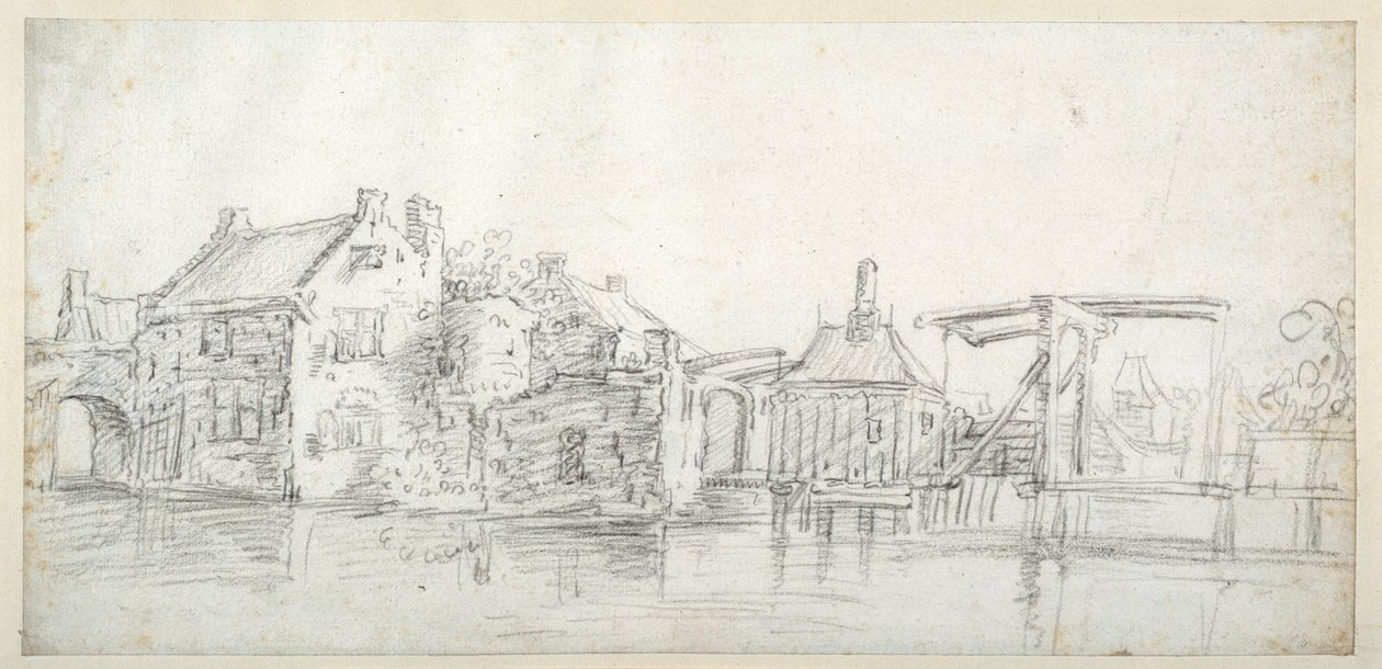 Um canal com edifícios, incluindo uma casa de portagem e uma ponte com portagem, c.1650 (giz preto sobre papel branco) de Jan Josefsz. van (circle of) Goyen