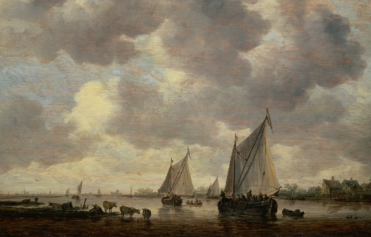 Um canal na Holanda, ou dois grandes veleiros e gado perto de um rio de Jan Josephsz van Goyen